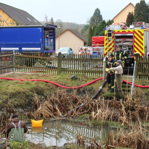 Feuerwehr Behringen und THW Eisenach am Feuerlöschteich in Behringen im Einsatz