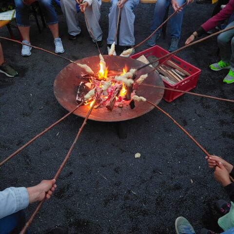 Mehrere Menschen halten Stöcke mit Stockbrot in eine brennende Feuerschale