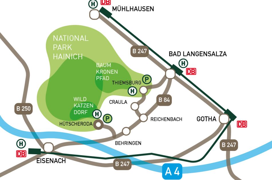 Anfahrtsskizze zum BUND-Wildkatzendorf Hütscheroda aus Eisenach, Gotha, Mühlhausen und Bad Langensalza